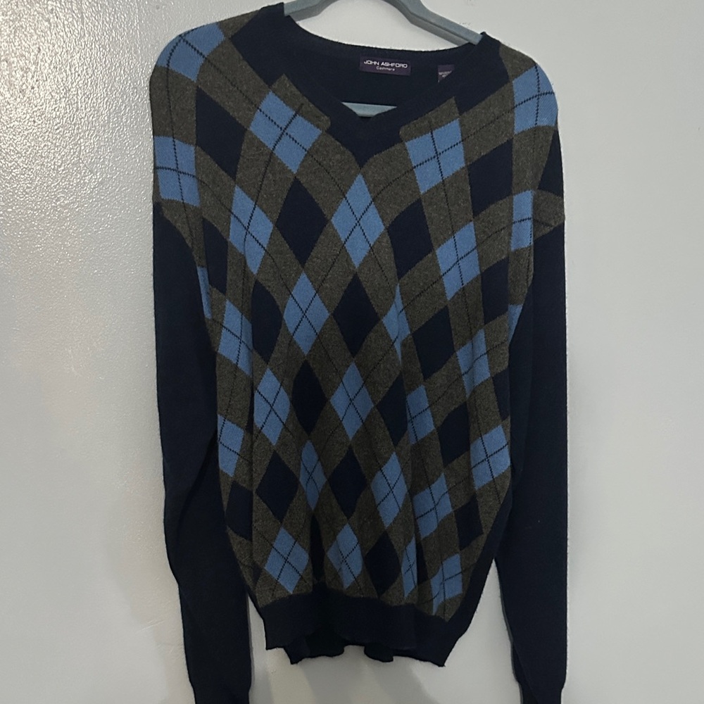 John Ashford V-Neck Argyle Sweater - Blue and Brown